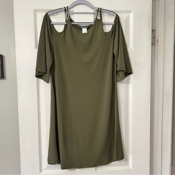 VENUS Long Sleeve Cold Shoulder Dress in Olive - Picture 1 of 3